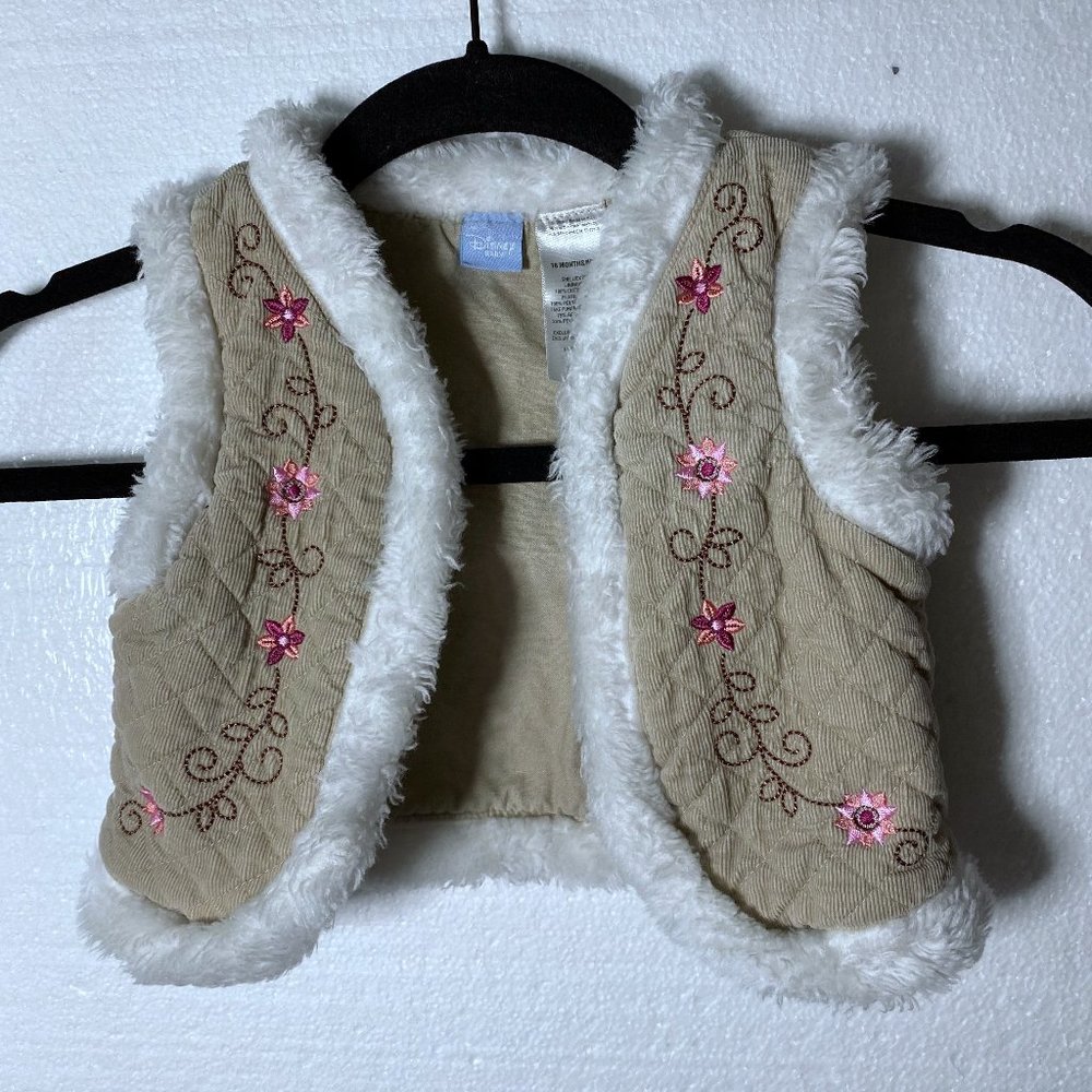 Disney Baby Size 18 Months Vest Faux Fur Trim Embroidered Floral Quilted Tan